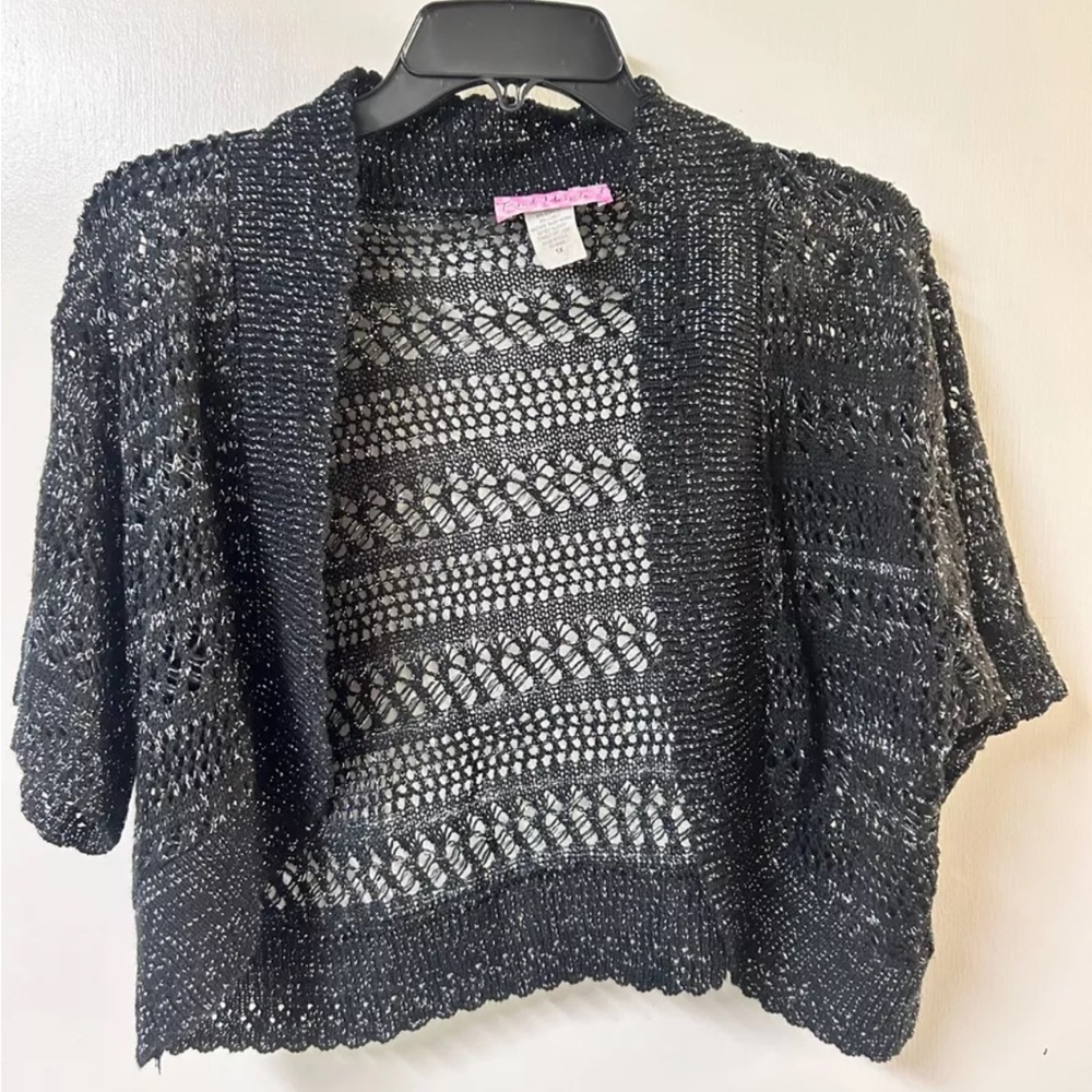 Knit Minded Black Cropped Shimmery Shrug Vintage Plus Size 1X Open Front 80s